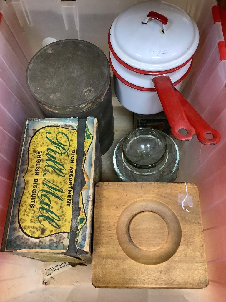 Vintage kitchenalia to include a nest of treen canisters various moulded glass jelly moulds, biscuit tins etc